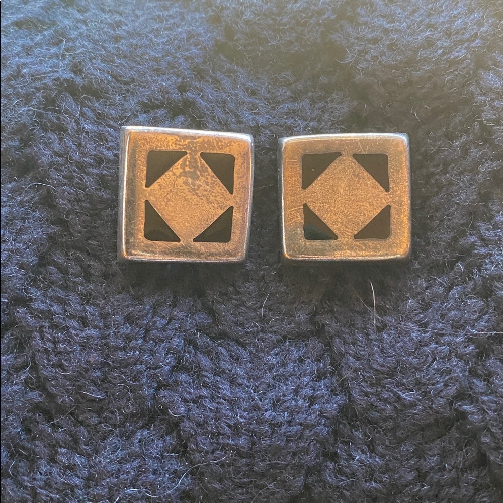Vintage Mexican silver onyx inlay square pierced earrings 925